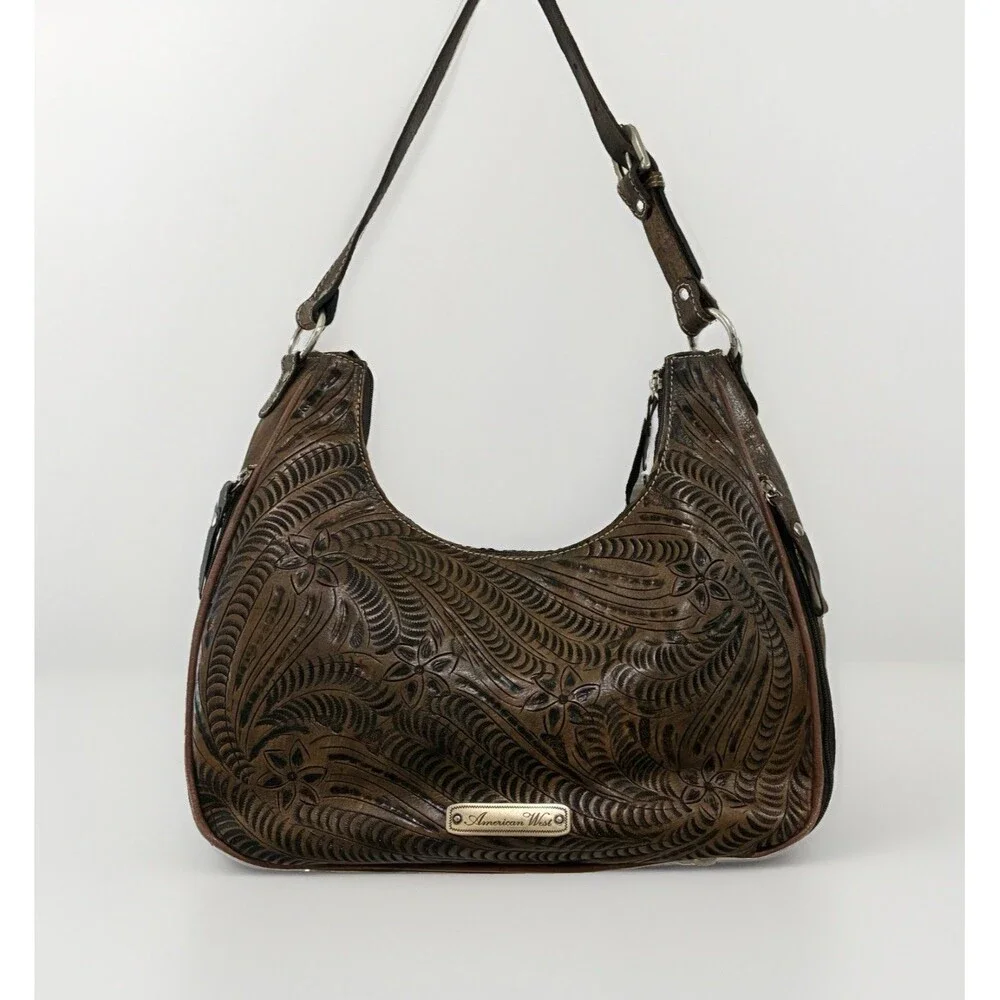 American West Tooled Two Tone Brown Leather Shoulder Bag Purse Concealed Carry